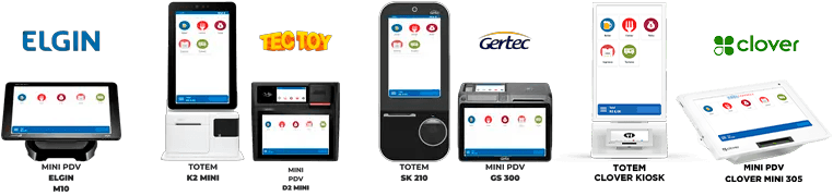 Uma coleção de seis sistemas eletrônicos de ponto de venda (POS) com designs e tamanhos variados, rotulados como TERMINAL DUO, MINI PDV ELGIN M10, TOTEM K2 MINI, MINI PDV D1 10”, TOTEM SK 210 e MINI PDV GS 300.